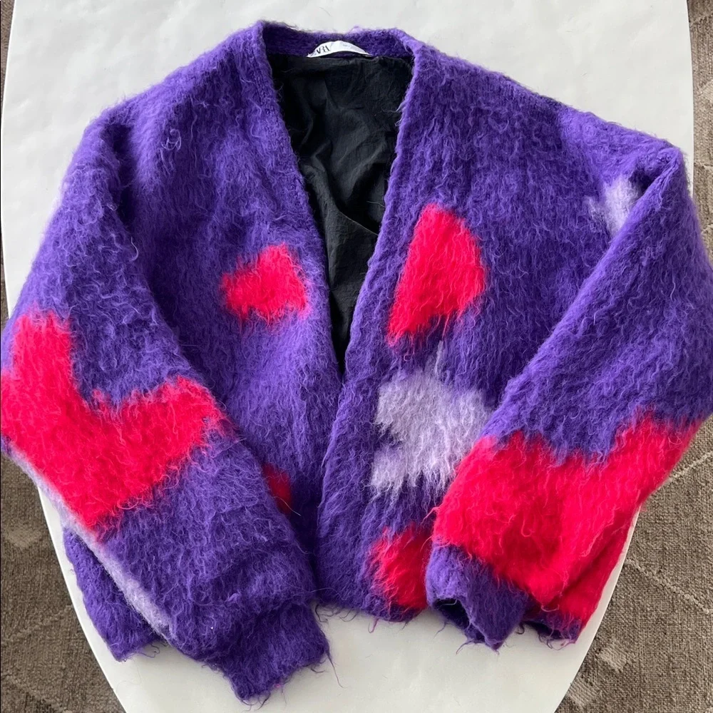 ZARA Brushed Fuzzy Finish Knit Open Cardigan Abstract Unique Purple Red L